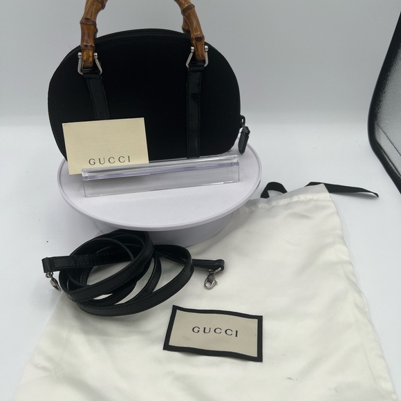Authentic Gucci mini bamboo canvas bag with leather trim and strap like new EUC - Picture 9 of 12